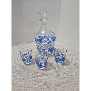 Vtg French Glass Decanter Bottle 3 Cups Blue & White Leaves Pattern Farmhouse